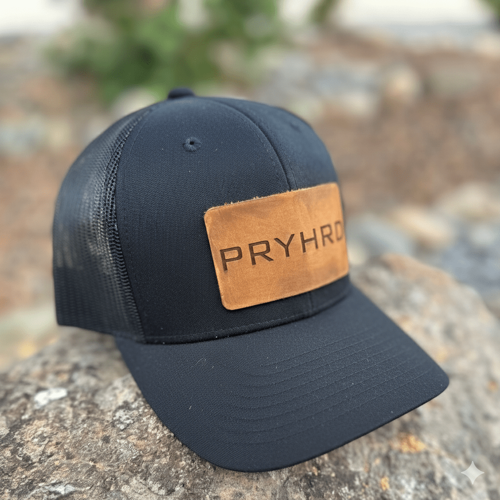 A close-up, angled shot of the black PRYHRD trucker hat with a brown leather patch resting on a textured rock.